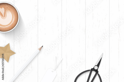 Flat lay top view elegant white composition paper coffee pencil tag scissors and star craft on wooden background
