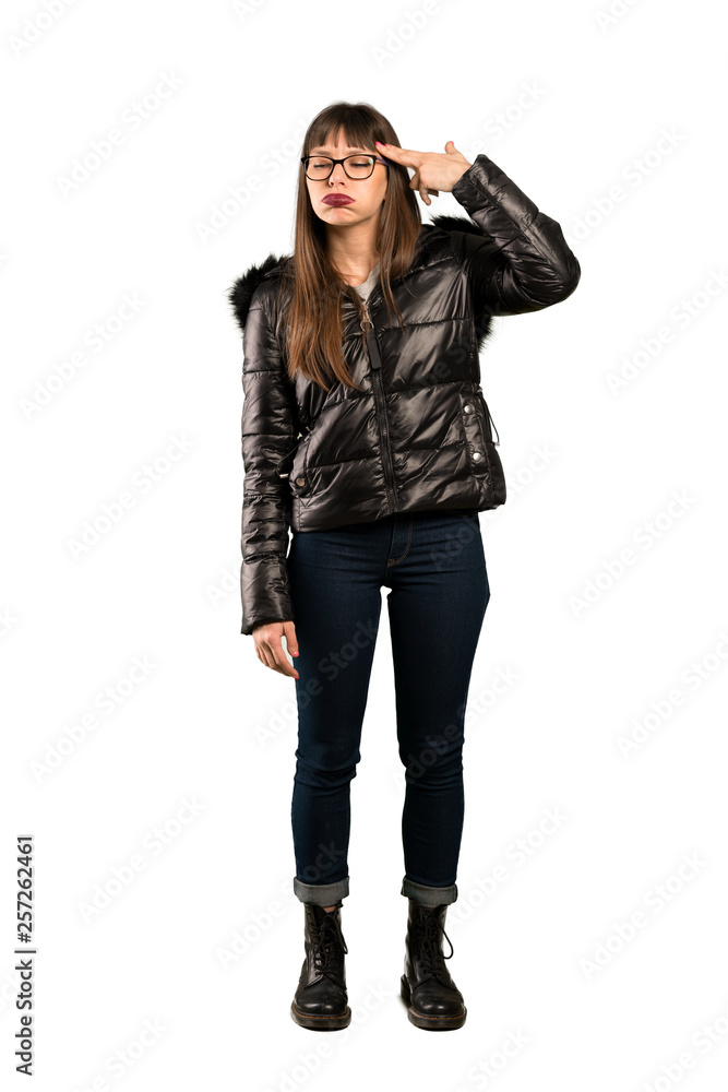 Full-length shot of Woman with glasses with problems making suicide gesture Full-length shot of Woman with glasses with problems making suicide gesture