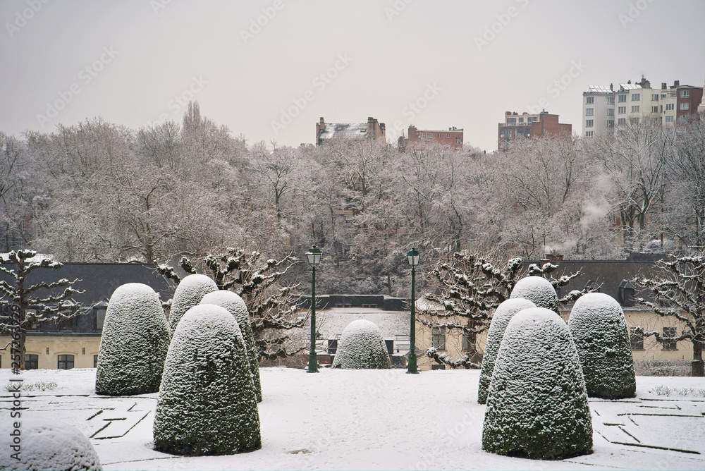 BRUSSELS, BELGIUM - JANUARY 30, 2019: Garden of Cumbre Abbey (Jardins de l'Abbaye de la Cambre). Park in the style of French classicism with green alleys and terraces, fallen snow