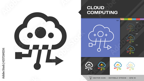 Cloud computing icon black glyph silhouette and editable stroke thin outline single with network digital data server and wireless computer internet technology symbol.