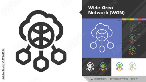 Wide area network WAN icon black glyph silhouette and editable stroke thin outline single with world internet technology, cloud computing and  networking communication symbol.