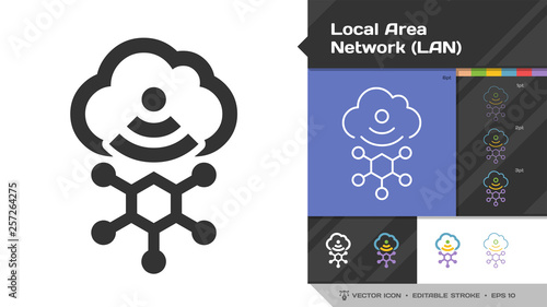 Local area network LAN icon black glyph silhouette and editable stroke thin outline single with cloud computing, wireless technology and connection symbol.