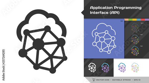 Application programming interface API black glyph silhouette and editable stroke thin outline single icon with cloud network tecnnology symbol.