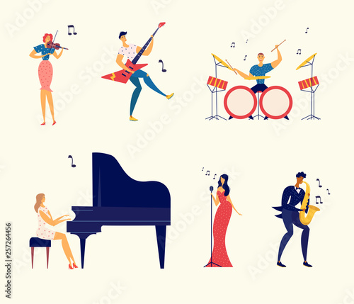 Musicians Characters Set. Jazz Rock Music Band Festival. Woman Playing Piano, Man Saxophone, Drums, Guitar, Musical Instruments. Flat Vector Cartoon Illustration