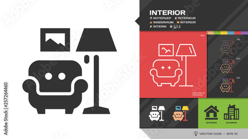 Vector interior black glyph silhouette and editable stroke thin outline single icon with room furniture: chair, floor lamp and painting symbol.