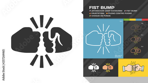 Vector fist bump flat silhouette and editable stroke icon of two fight hand or together punch for business team, partnership and dispute color sign.