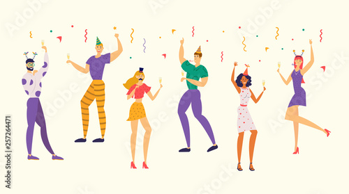 Happy Characters Celebrating on the Party. Cheerful People Having Fun and Toast. Man and Woman with Champagne on Birthday Party. Flat Vector Cartoon Illustration