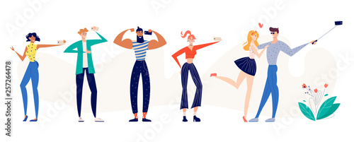 Group of Happy People Taking Selfie. Young Man and Woman Self Photography. Smiling Characters with Smartphone Stick Camera. Flat Vector Cartoon Illustration