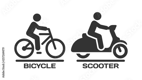 Vector isolated bicycle and motor scooter icon. Motorcycle and bike with rider on road silhouette symbols.