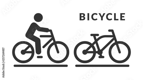 Vector isolated bicycle icon. Bike no human silhouette symbol and cycle with rider on road pictogram.