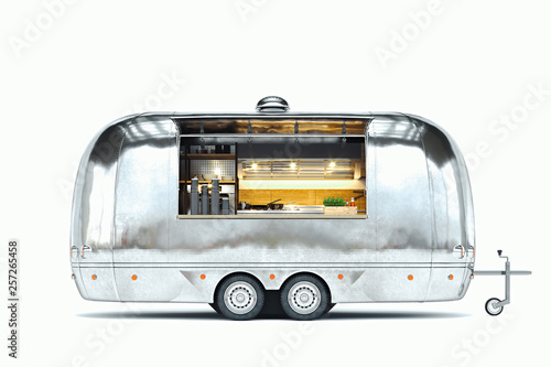 Silver food trailer with detailed interior isolated on white. 3d rendering.