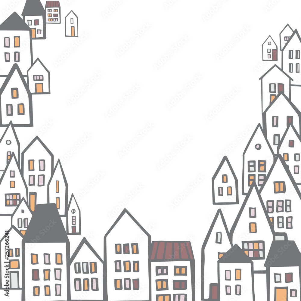  Vector  background with hand drawn cute  houses.