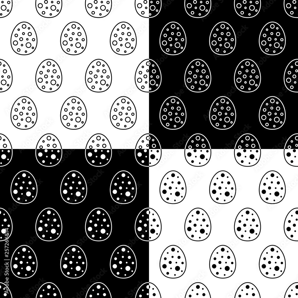 Flat line monochrome Easter eggs pattern set for web sites and apps. Minimal simple black and white Easter eggs pattern set. Seamless vector Easter eggs pattern set for various projects. Flat line monochrome Easter eggs pattern set for web sites and apps. Minimal simple black and white Easter eggs pattern set. Seamless vector Easter eggs pattern set for various projects.