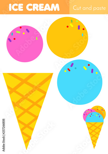 DIY Cut and paste children educational game. Paper cutting activity. Make ice cream with glue and scissors. DIY worksheet