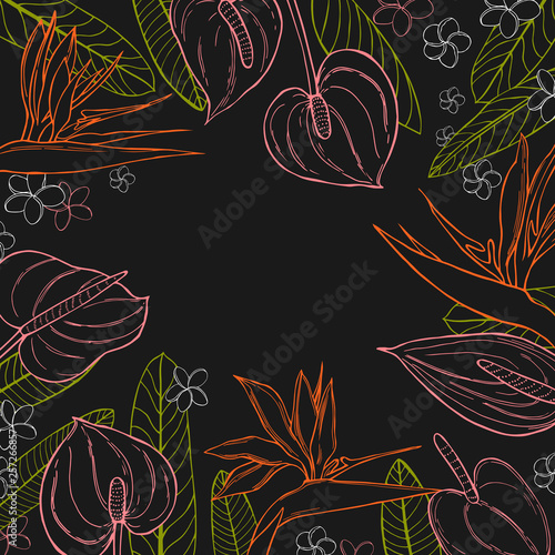 Hand  drawn tropical flowers.  Vector background .