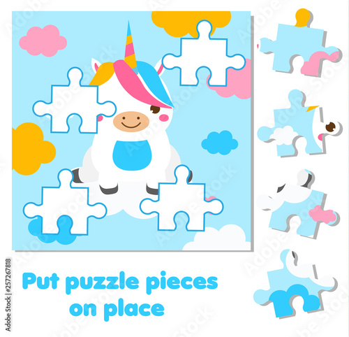 Jigsaw puzzle for toddlers. Match pieces and complete picture. cute unicorn. Educational game for children and kids.