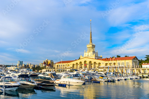 Russia, Sochi - March 05, 2019. Yachts and boats anchored in the port of Sochi. Russia.