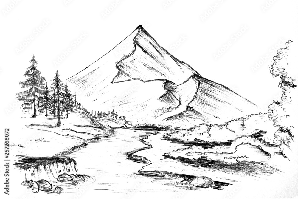 Art picture drawn mountain landscape with a river sketch black and white sketch.