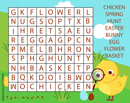 Educational game for children. Word search puzzle kids activity. Easter theme learning vocabulary.