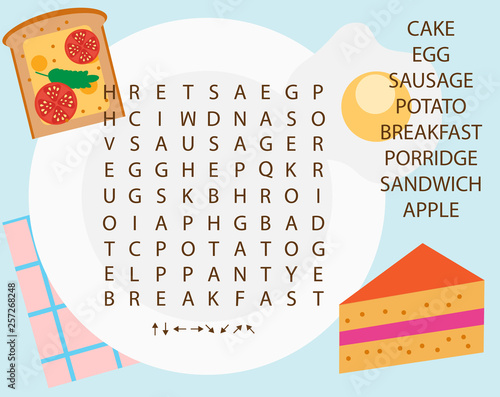 Educational game for children. Word search puzzle kids activity. Food theme learning vocabulary.