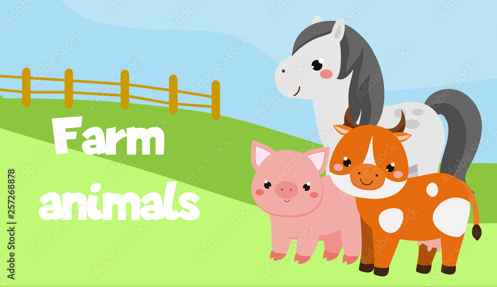 Obraz premium farm animals banner. Horse, cow, pig. cartoon animals characters