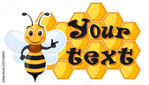 Bee shows his hand on the honey wax on a white. Place for text.
