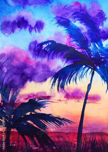 palm trees at sunset watercolor illustration