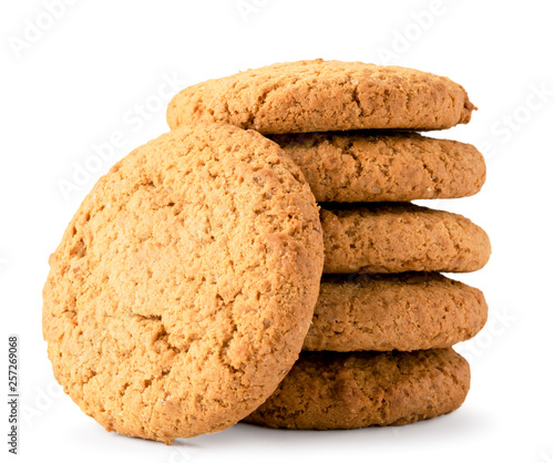 Bunch of oatmeal cookies close - up on a white background. Isolated.