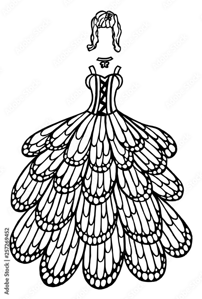 Dress for the doll. Black and white sketch of a fashionable fantasy  butterfly dress. Stock Vector | Adobe Stock