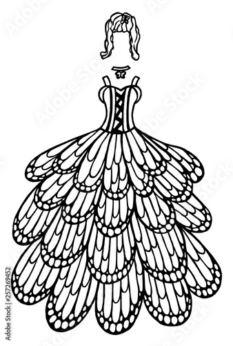 Dress for the doll. Black and white sketch of a fashionable fantasy butterfly dress. Stock Vector Adobe Stock