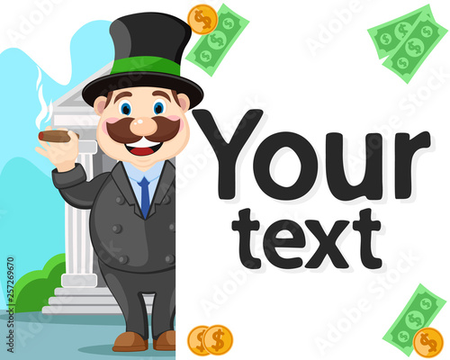 Rich boss smokes a cigar in front of the Bank. Place for text.