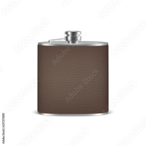 Vector 3d Realistic Silver Leather Blank Stainless Steel Hip Flask Closeup Isolated on White Background. Design Template of Alcohol Travel Container for Mock up, Package, Advertising, Logo. Front View