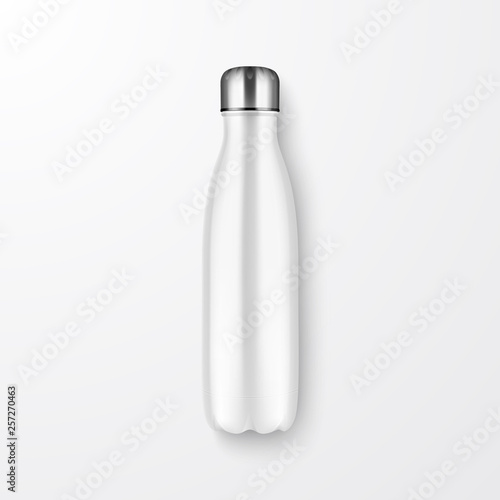 Vector Realistic 3d White Empty Glossy Metal Reusable Water Bottle with Silver Bung Closeup on White Background. Design Template of Packaging for Mock up, Package, Advertising, Logo. Top View