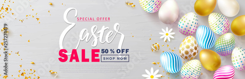 Happy Easter Sale banner.Beautiful Background with colorful eggs, chamomile and golden serpentine. Vector illustration for website , posters,ads, coupons, promotional material.