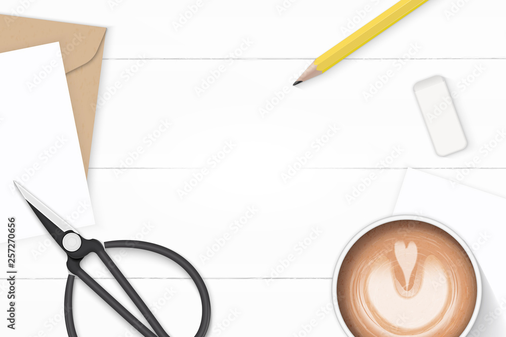 Flat lay top view elegant white composition letter kraft paper envelope yellow pencil eraser and coffee on wooden background Flat lay top view elegant white composition letter kraft paper envelope yellow pencil eraser and coffee on wooden background
