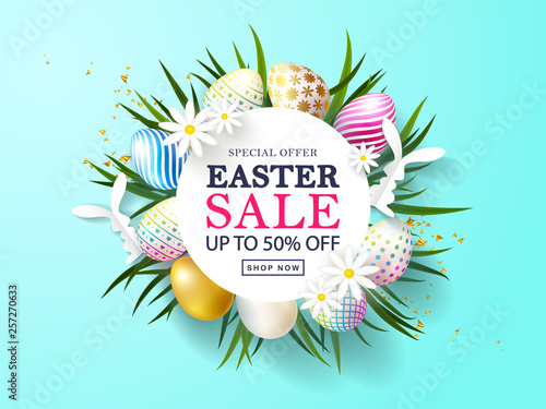 Happy Easter Sale banner.Beautiful Background with colorful eggs, paper bunnies,chamomile,green grass and golden serpentine. Vector illustration for website , posters,coupons, promotional material.