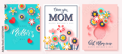 Set of greeting cards Happy Mother's day. Paper cut flowers and hand drawn lettering. Vector illustration.
