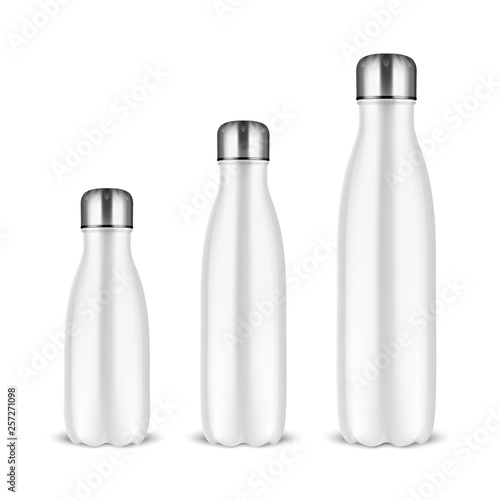 Vector Realistic 3d White Empty Glossy Metal Reusable Water Bottle Set with Silver Bung Closeup on White Background. Different Size. Design Template of Packaging for Mock up, Advertising. Front View