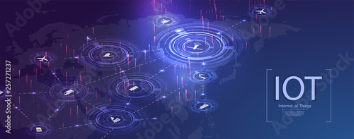 Internet of things (IOT), devices and connectivity concepts on a network. Spider web of network connections with on a futuristic blue background. IOT icons