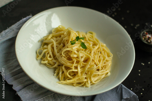 pasta, Spaghetti or Bucatini - portion. Italian food. top view. Futazh