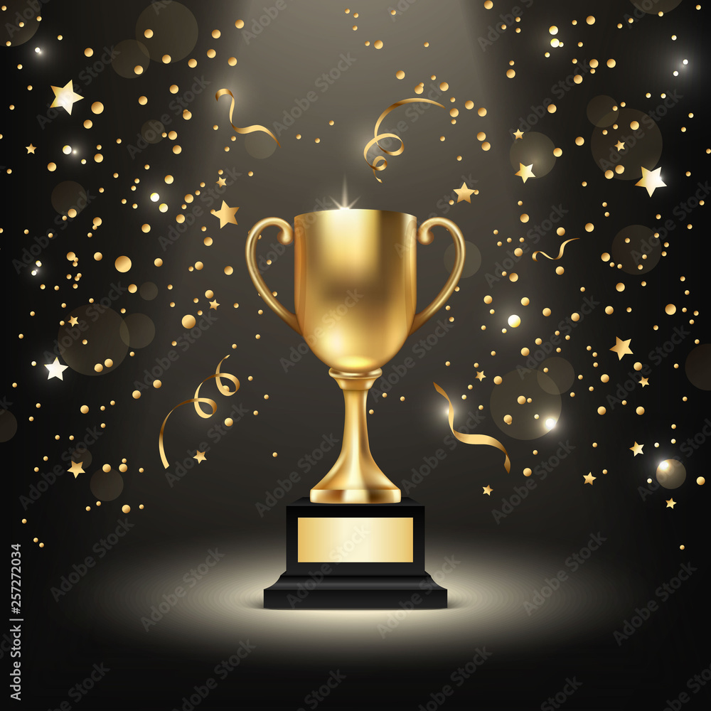 Background with Realistic Vector 3d Blank Golden Shiny Champion Cup.  Championship Trophy. Sport Tournament Award, Gold Winner Cup and Victory  Concept Stock ベクター | Adobe Stock