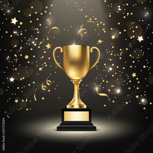 Background with Realistic Vector 3d Blank Golden Shiny Champion Cup. Championship Trophy. Sport Tournament Award, Gold Winner Cup and Victory Concept