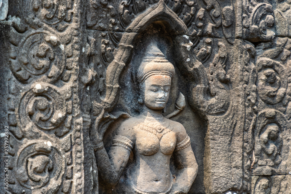 Relief of Banteay Kdei temple in the Angkor Cambodia