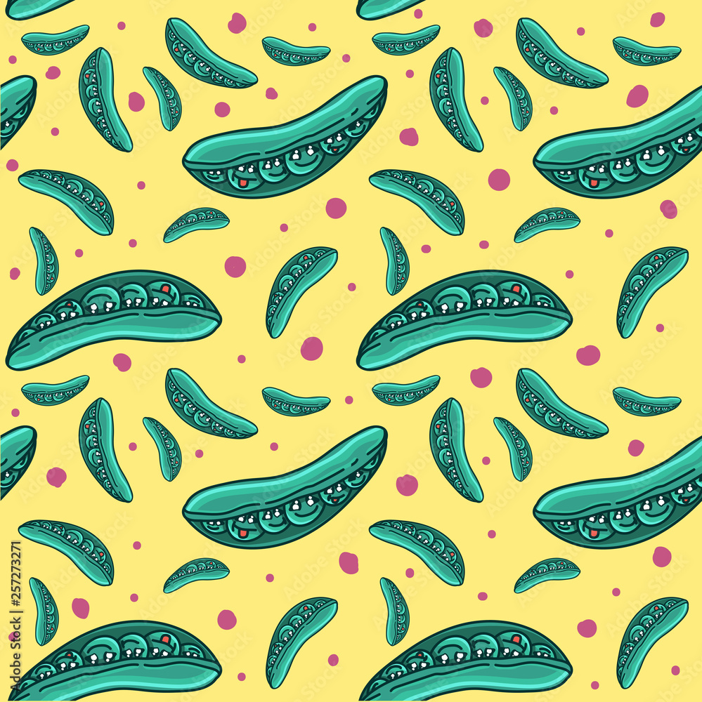 Character Peas vector seamless pattern. Funny doodle healthy food on a light background. Character Peas vector seamless pattern. Funny doodle healthy food on a light background.