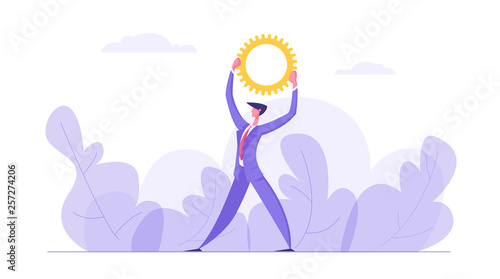Business Strategy, Technology Concept. Businessman Character Hold Up Cogwheel Gear. Corporate Company Mechanism. Cartoon Vector illustration
