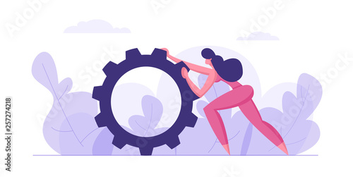 Business Strategy, Technology Concept. Businesswoman Character Pushing Giant Cogwheel. Gear as a Metaphor of Growth and Progress. Piece of Company mechanism. Cartoon Vector illustration