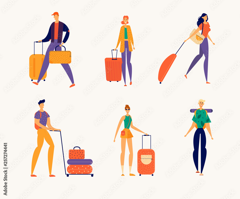 Traveling People Characters with Luggage. Man and Woman Tourists Travel with Baggage. Tourism Vacation Concept. Male Female Character with Backpack. Vector cartoon illustration