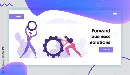 Business Solutions Concept with People Characters Pushing the Giant Cogwheels. Teamwork Banner with Man and Woman Successful Cooperation Graph for Website, Web Page. Flat Vector Illustration.