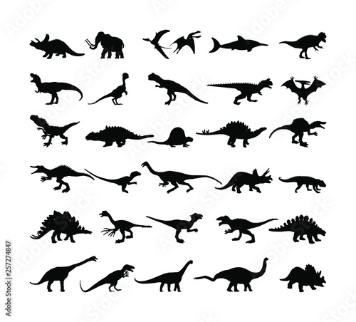 Fototapeta Naklejka Na Ścianę i Meble -  Dinosaurs large collection. T Rex vector silhouette isolated on white background. Tyrannosaurus shadow symbol. Jurassic era. Dino sign. Triceratops, Stegosaurus, Brachiosaurus, Pteranodon, Spinosaurus
