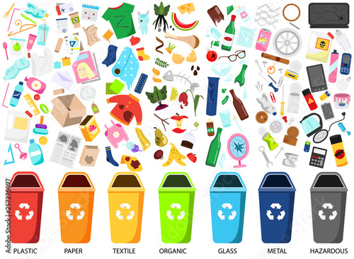 Waste sorting. Big collection of garbage types. Organic, paper, metal, hazardous, textile and other trash icons, bins